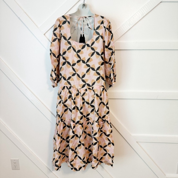 The Odells Lyla Geometric Floral Print Puff Sleeve Square Neck Linen Midi Dress - Picture 8 of 11